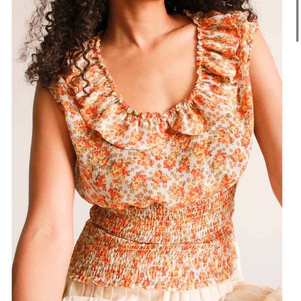 🟠NWT ALLEN B Ruffled Smocked-Waist Top in Orange Blossom Print XL